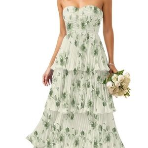 Floral Strapless Bridesmaid Dress - Green